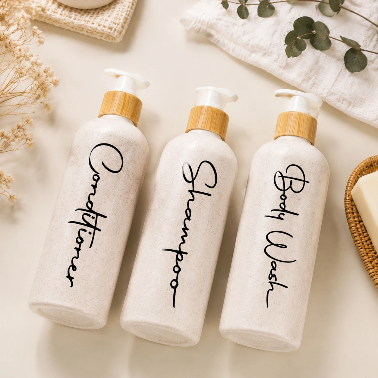 Bathroom Accessory Set, 3PCS Refillable Shampoo Soap Pump Bottles, Wheat Straw Farmhouse Bathroom Bottles for Home Decor view 6
