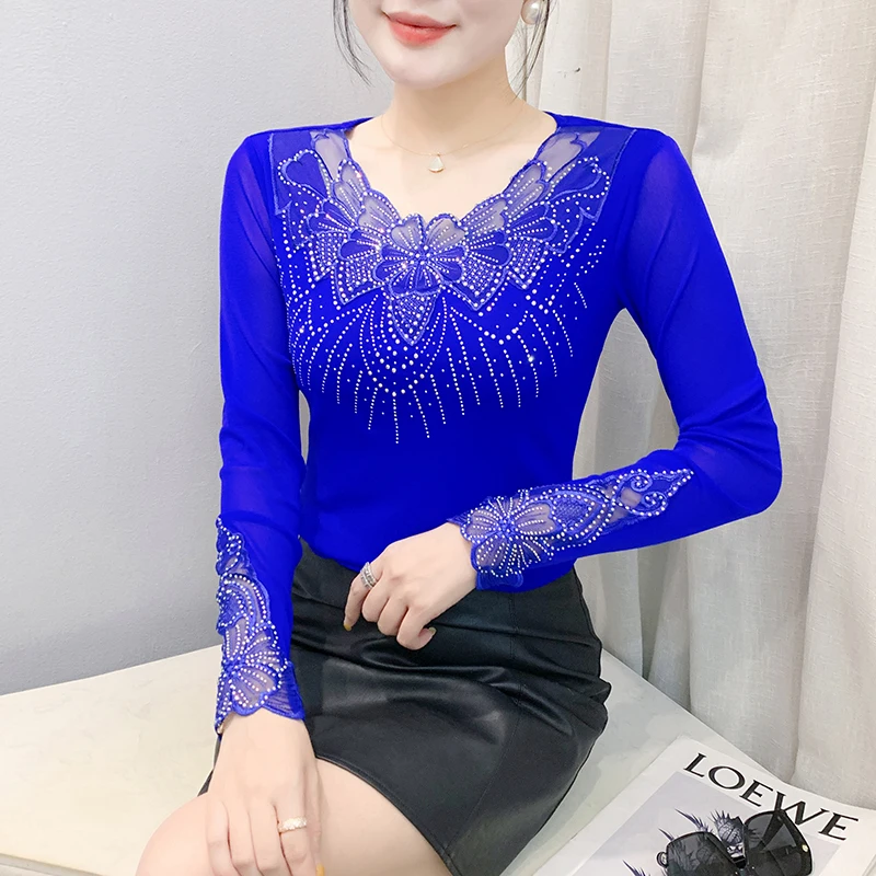New,Fall,Winter,European,Clothes,Mesh,T-Shirt,Chic,Sexy,V-Neck,Patchwork,3D,Shiny,Diamonds,Women,Tops,Long Sleeve,Drill,Tees,580