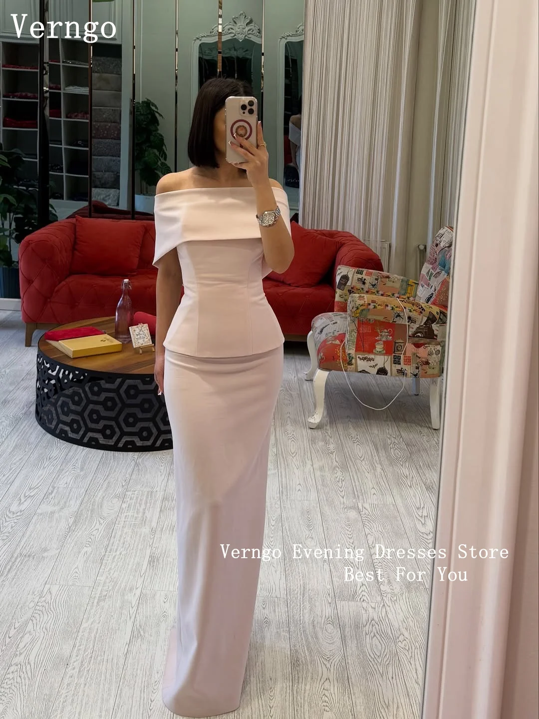 Verngo Blush Pink Crepe Evening Dress Off The Shoulder Mermaid Prom Gowns Women Elegant Saudi Arabia Formal Dress Customized