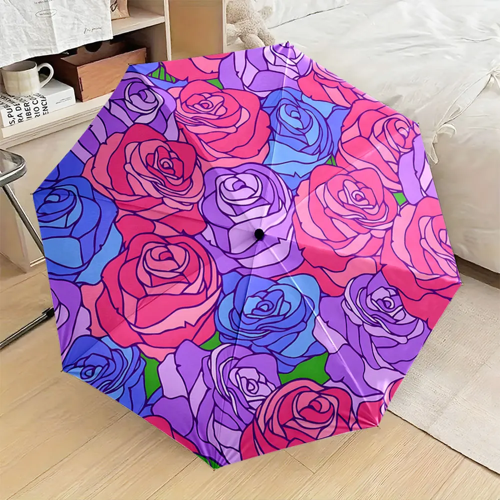 1PC Colorful Rose Patterned Umbrella Adds Vibrant Charm Print 8 Iron Ribs Folding Umbrella Auto-Open Fashion Sunshade