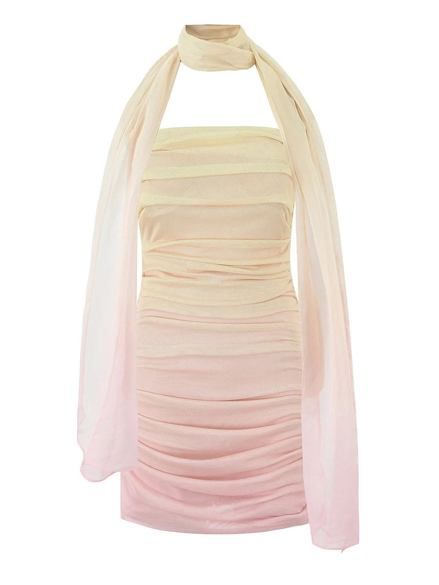 Vestido Curto Estilo Americano com Cores em adiente, Cintura Modeladora, Saia Sexy com Lenço, Vestido de Verão Sem Mangas d...