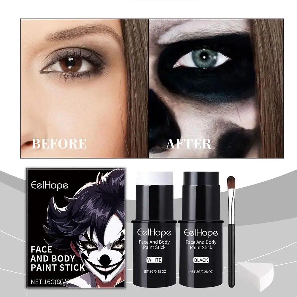 Kit de Maquiagem Facial e Corporal Preto e Branco, Base Colorida, Acessórios de Maquiagem Festiva para Halloween, Longa Duração e à Prova d'Água