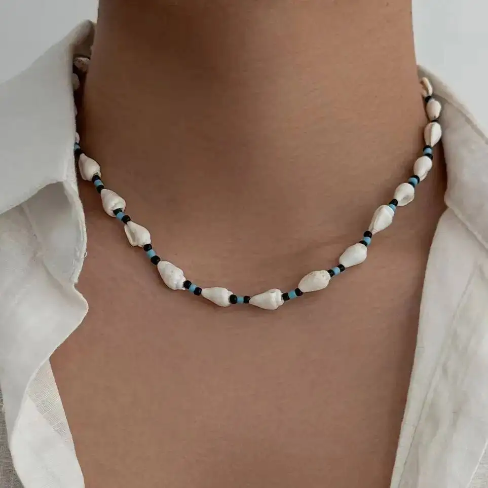 SHIXIN Boho Ethnic Wooden Bead Conch Chain Necklace Men 2026 Surfer Summer Ocean Beach Vacation Clavicle Chain Neck Jewelry Gift