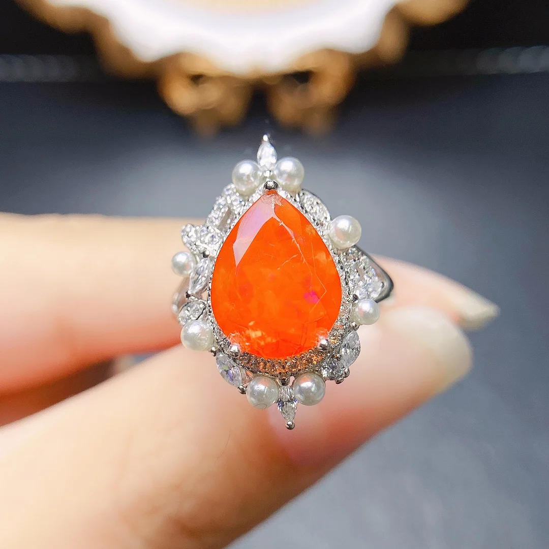 

Pear Cut 9x13mm Natural Orange Fire Opal Ring 925 Silver October Birthstone Promise Ring Engagement Wedding Rings