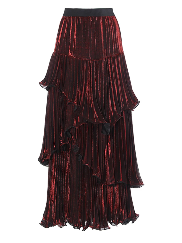 Cintura alta elástica vermelho plissado babados bolo irregular saia de meio corpo moda feminina maré nova primavera outono