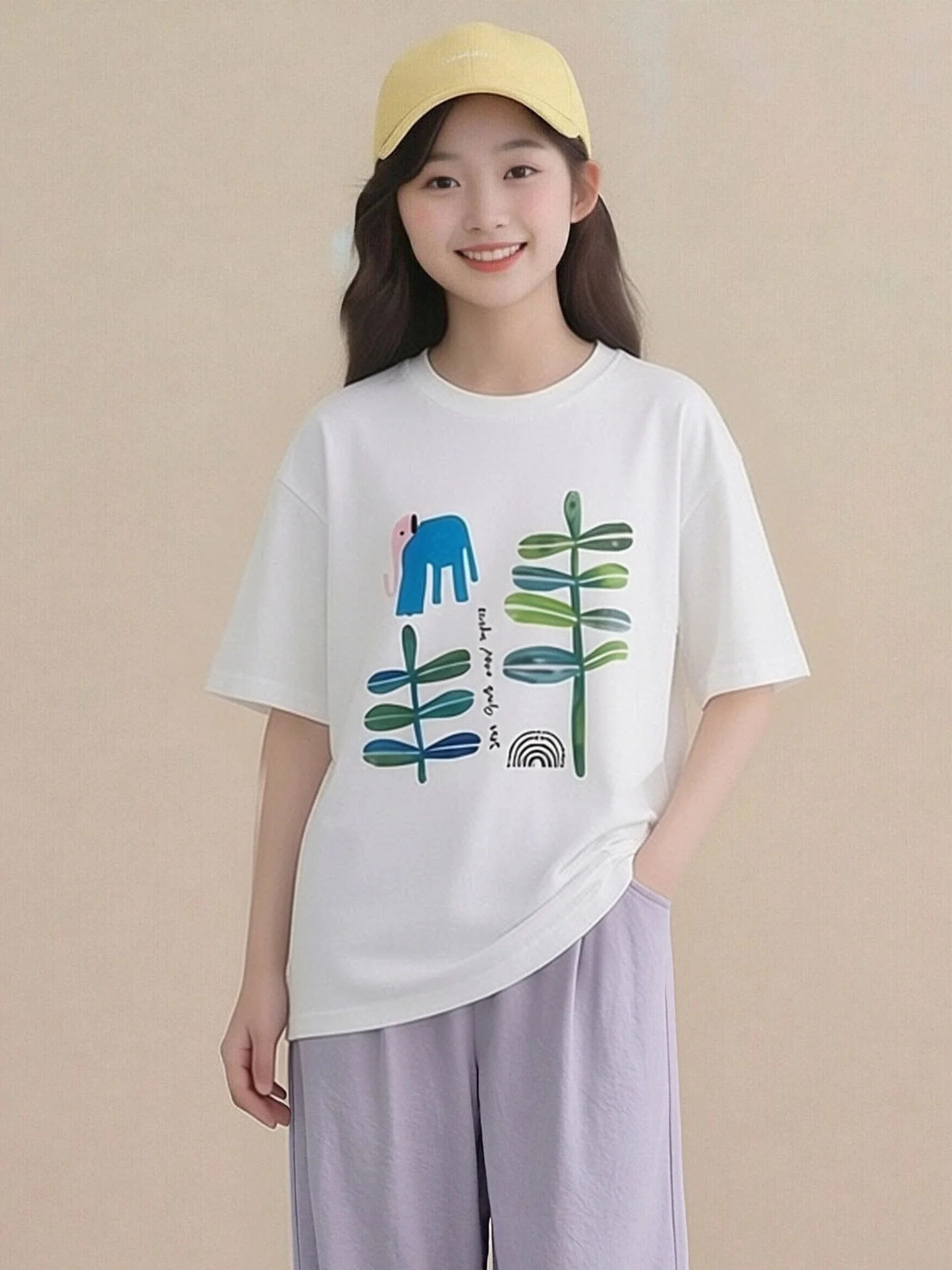 2026年夏新作-植物柄プリント半袖パーカー-女の子向け-6歳～5歳-カジュアルスタンダードフィット-00-コットン-多用途-植物柄tシャツ