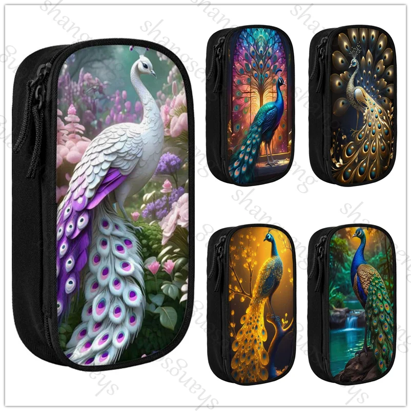 

Peacock Flowers Pen Bag Large Capacity Pencil Case Multifunctional Stationery Storage Bag Student School Supplies