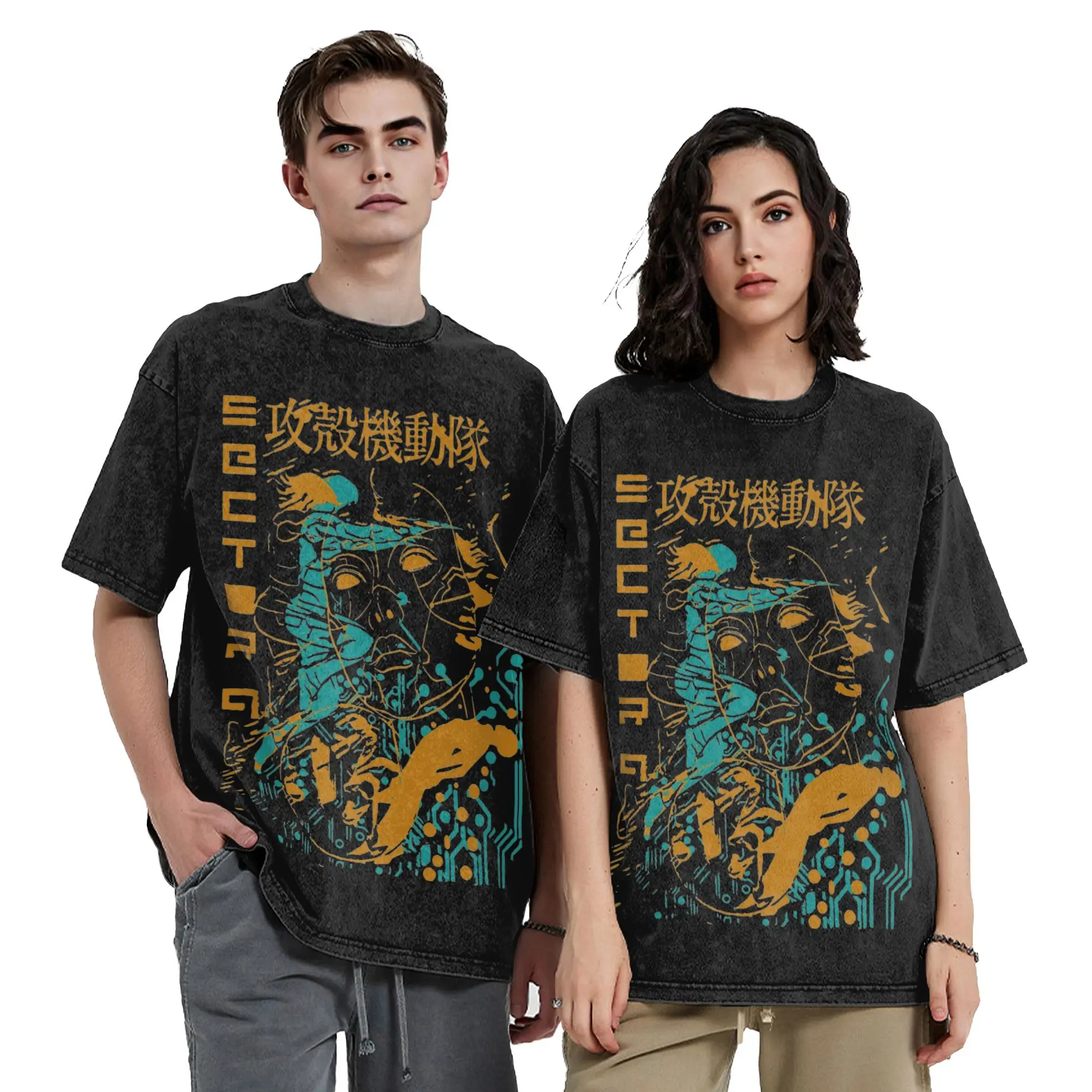 Ghost in the Shell Retro Vintage Washed T Shirts Pure Cotton Fashion for Male T-Shirt Round Collar  Tees Short Sleeve Clothing