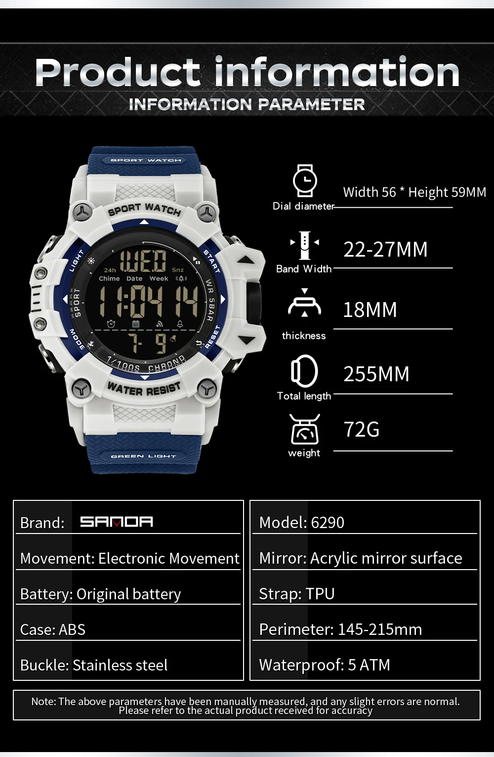 SANDA جديد 6290 ساعة إلكترونية للرجال رياضية مقاومة للماء متعددة الوظائف ضوء الليل الموقت ساعة إلكترونية للرجال ساعة تنبيه