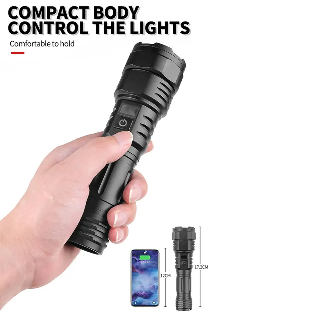 100000000 Lumens White LED Flashlight Strong Light USB C Rechargeable Powerful Flashlight Zoomable Flashlight Light 5 Modes