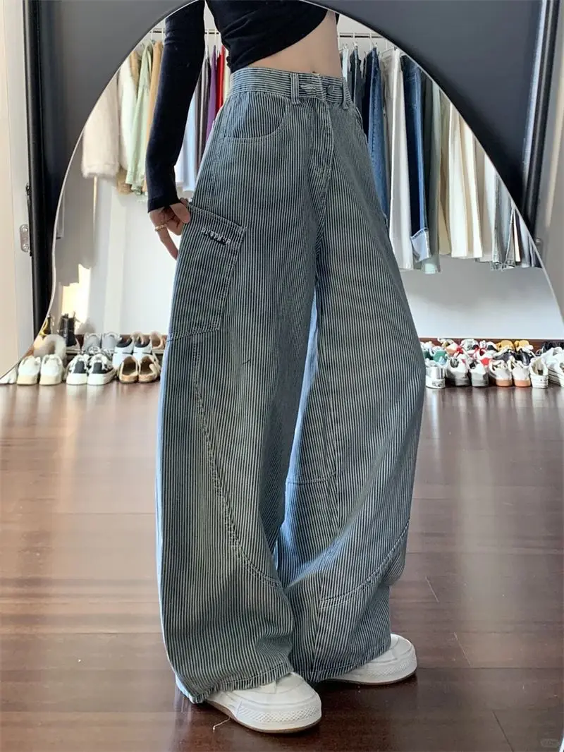 

American Retro Scimitar Design Washing Jeans For Women With Shallow Spring Heart-Warming Style Loose Wide Legs Slim Pear Shape