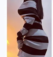 Women Striped Mini Bodycon Dress Stripe Boat-Neck Off Shoulder Long Sleeve Short Dress Spring Autumn Wrapped Hip Party Dress - Image 6