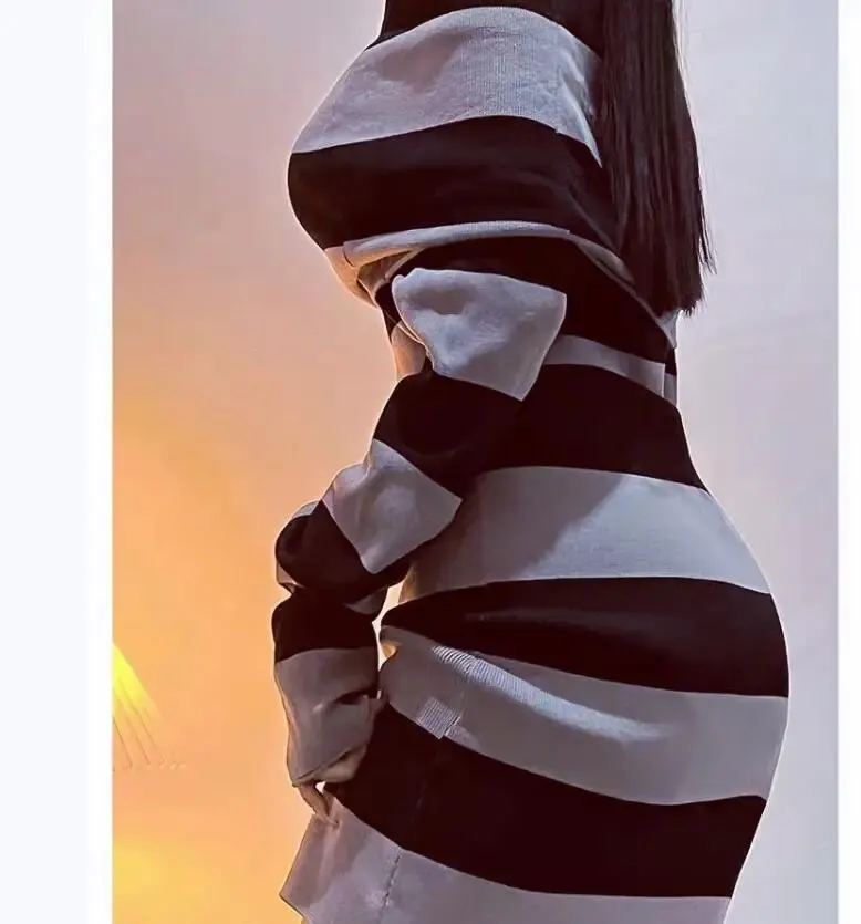 Vestido mini de mujer a rayas, tipo bodycon, cuello barco, manga larga, para primavera y otoño, con abertura, para fiesta 6