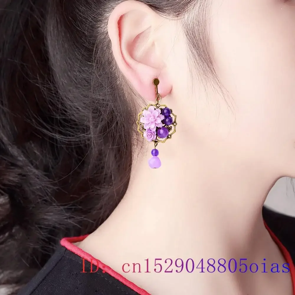 Purple Jade Flower Earrings Luxury Vintage Amulets Natural Tibetan Silver Designer Women Chinese Jewelry Accessories Amulet