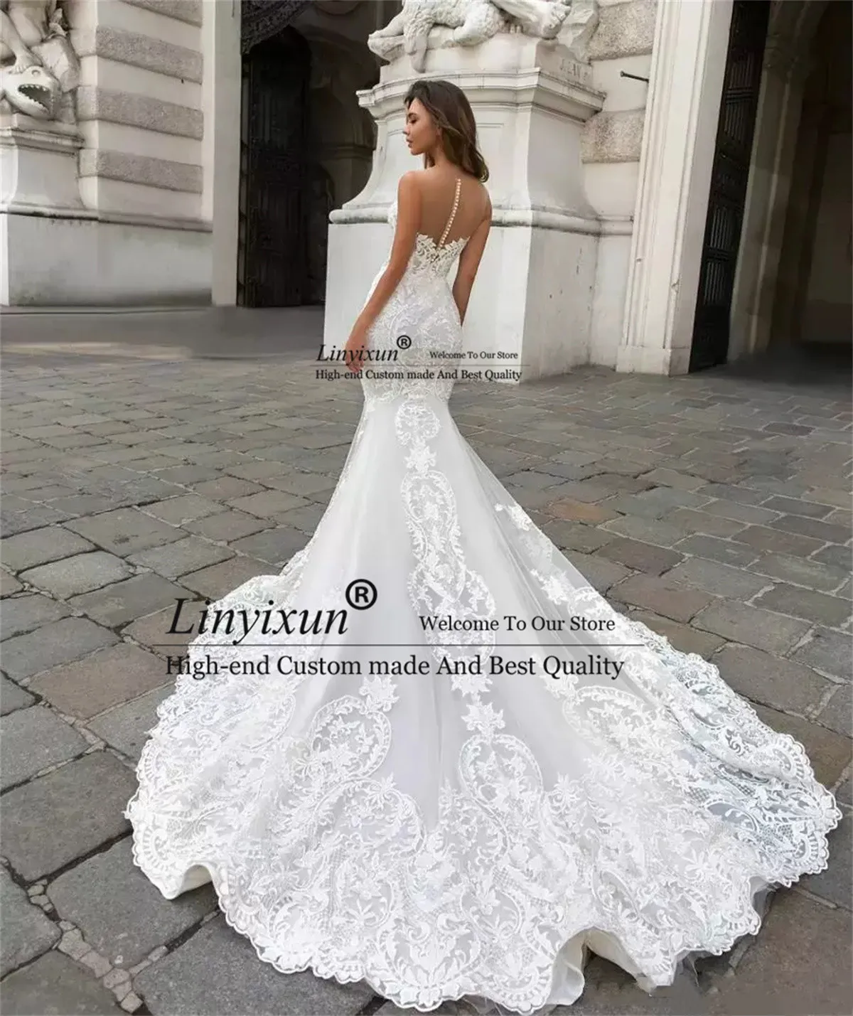 Wunderschöne Meerjungfrau-Spitze-Brautkleider mit Umhang, transparentem, tiefem Ausschnitt, böhmisches Brautkleid, appliziert, Knopfleiste hinten, Vestidos De Novia