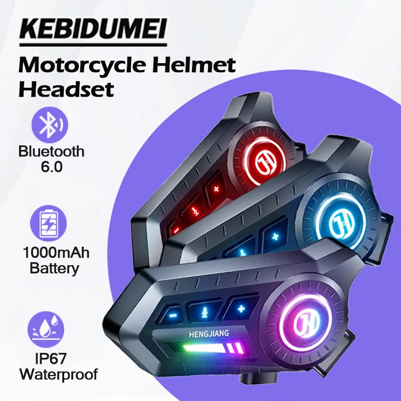 

KEBIDUMEI Motorcycle Bluetooth 6.0 Helmet Headset 1000mAh Motorbike Headphone Hands-free with RGB Ambient light IP67 Waterproof