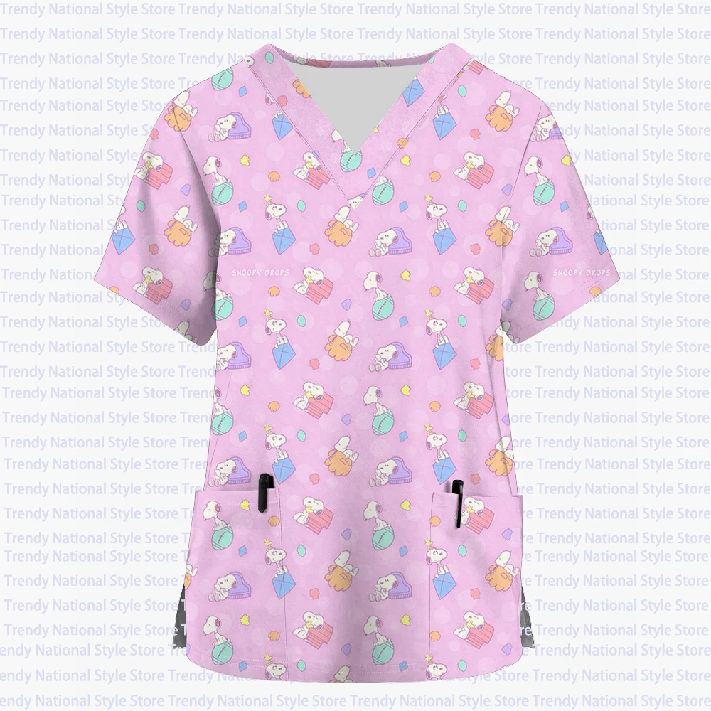 여성 간호 의류 만화 스누피 프린트 포켓 v 넥 탑 의료 유니폼 병원 간호사 미용실 수술 의류