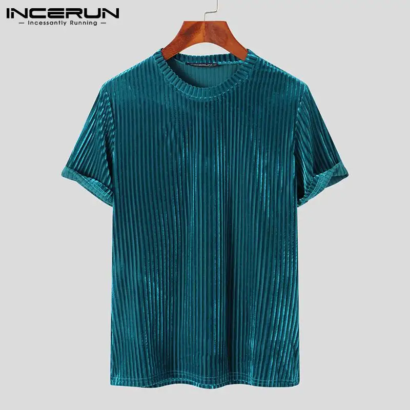 INCERUN 2023 Men Casual T Shirt Velour Round Neck Short Sleeve Solid Color Streetwear Men Clothing Fashion Leisure Camisetas