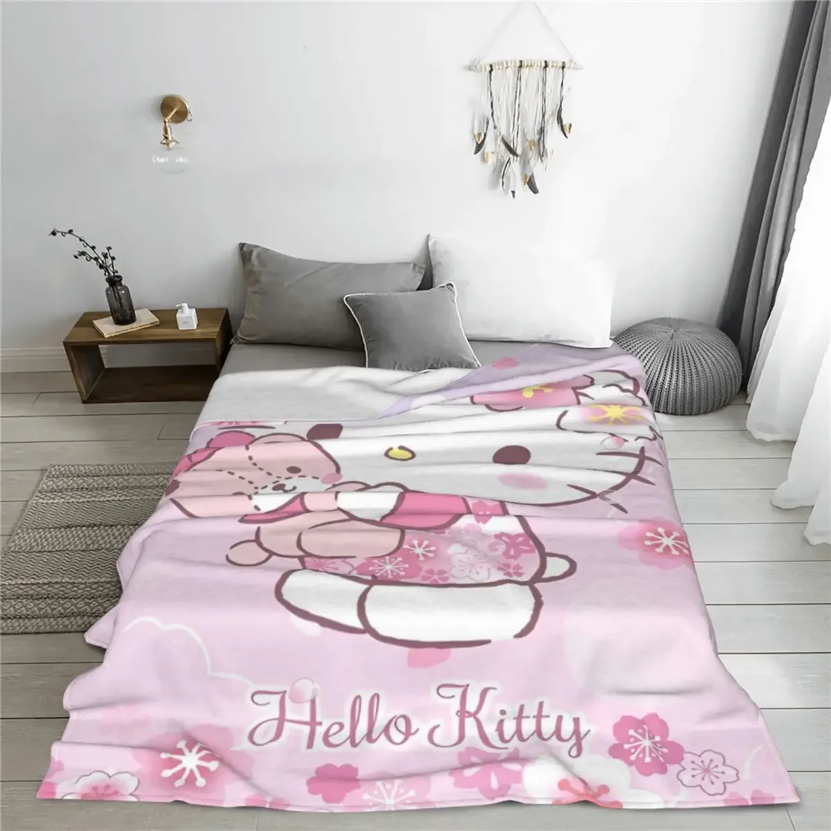 Cute Pink Hello Kitty Blanket Fleece Winter HelloKitty Portable Soft Throw Blankets for Home Travel Bedding Throws