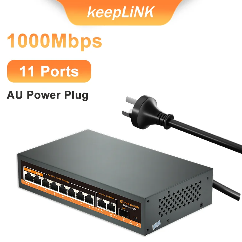 KeepLiNK 11-poorts volledig Gigabit ongemanagede Ethernet-switch met 8 IEEE 802.3af/at PoE+-poorten en 2 RJ45 & 1 SFP voor uplink