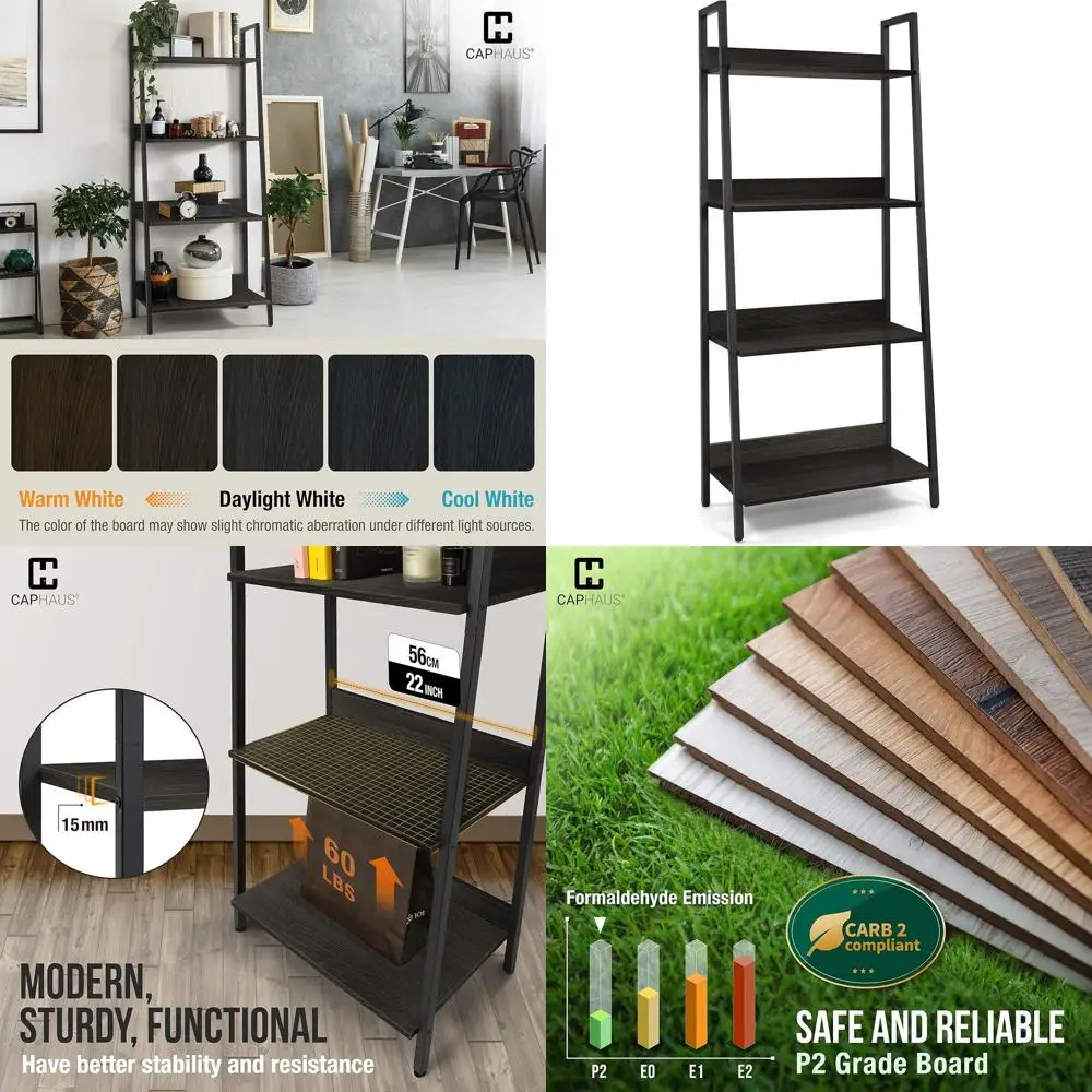 

4-ярусная лестничная книжная полка, ширина 24 дюйма, напольный органайзер для хранения, подходит для дома, офиса, гостиной, кухни, черная, деревянная