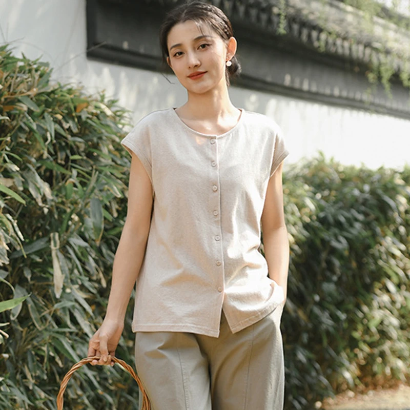 

Women Cotton Linen Casual Shirt New Arrival 2026 Summer Vintage Style O-neck Solid Color Female Sleeveless Tops Shirts M2660
