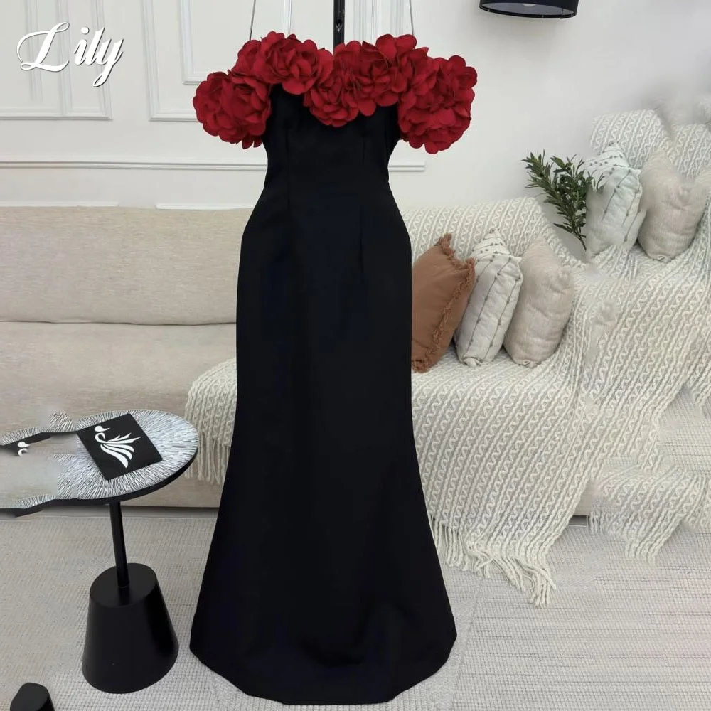 فستان سهرة أسود من الساتان قبالة الكتف فساتين السهرة البوق الطيات الساتان ثلاثية الأبعاد الزهور فستان الحفلات حسب الطلب