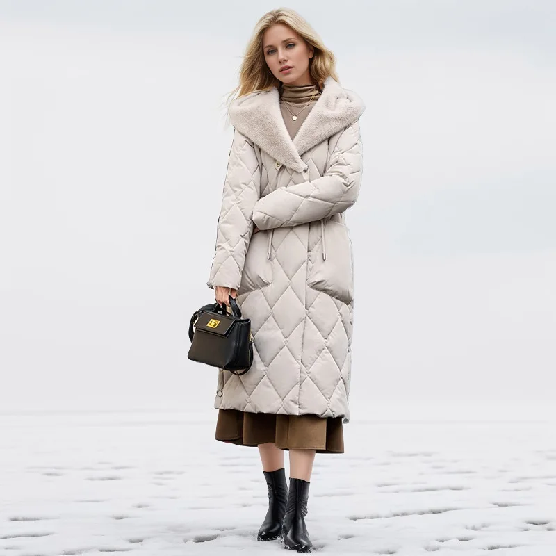 

YJKDYK 2025 Winter Women's Cotton Jacket Female Fur Hooded Knee Length Thickened Warm Plush Collar Drawstring Waist Parkas Coats