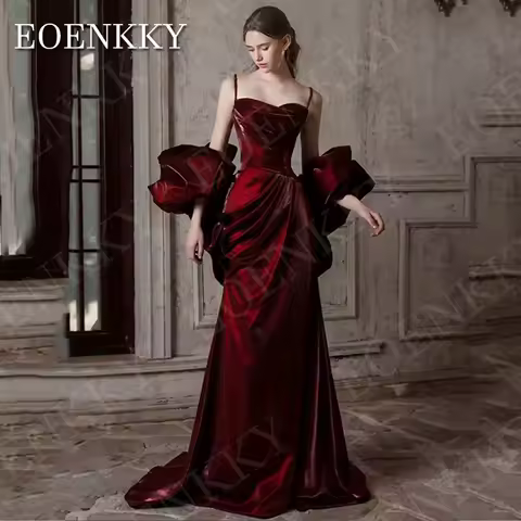 EOENKKY Burgundy Evening Dress with Sleeves Mermaid Sweetheart Neck Satin Party Prom Dresses Customized Spaghetti Straps Women