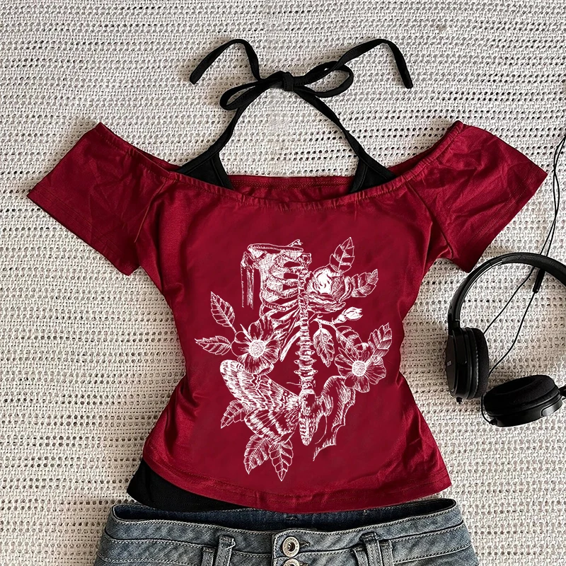 Harajuku Ästhetik Kurzarm T-shirt Y2K Streetwear Punk Vintage Gothic T-Shirt Sommer Mode Klassiker Vielseitig Schlank Frauen Top