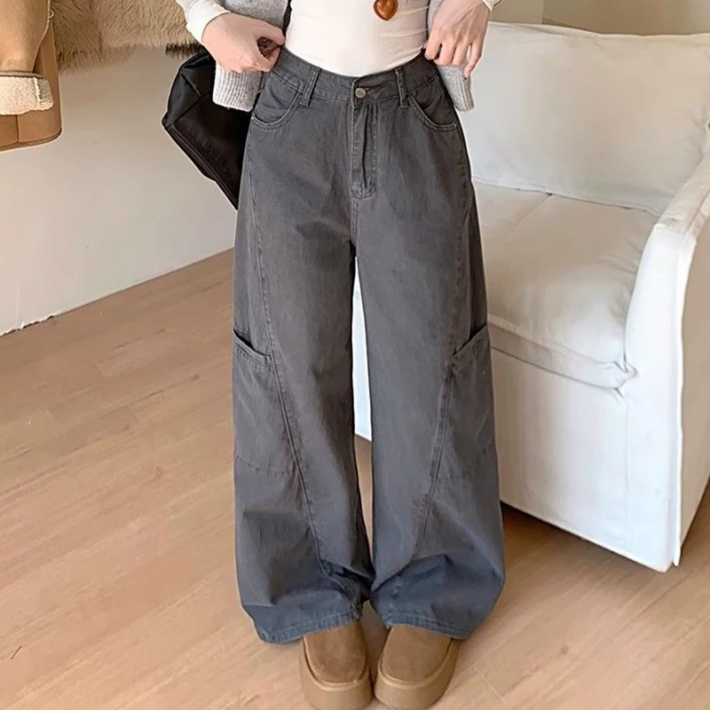 

Rimocy 2025 Harajuku Gray Cargo Jeans Women Chic Pockets High Waist Wide Leg Trousers Woman Streetwear Loose Baggy Pants Female
