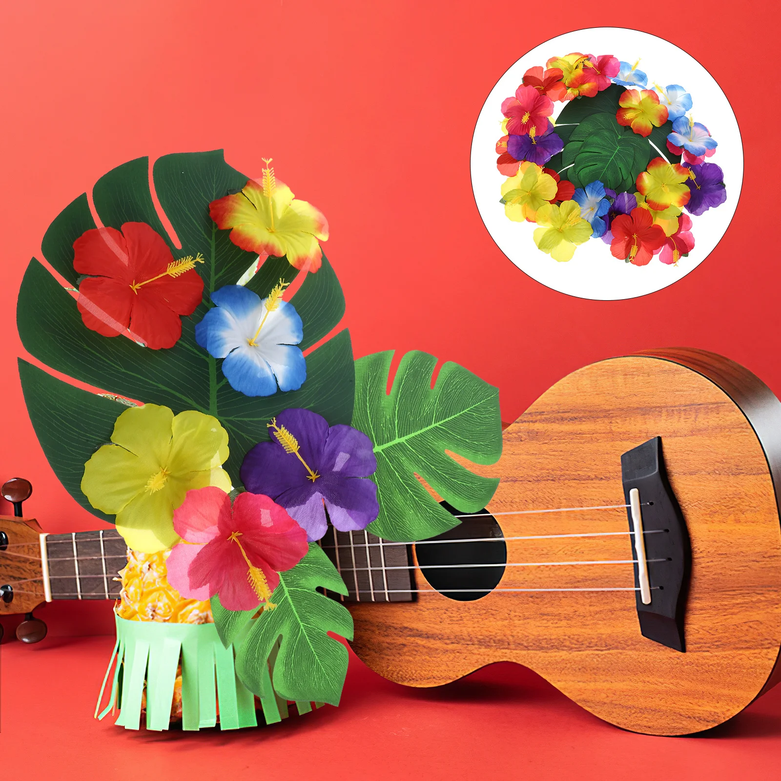 

1Set Tropical Table Decoration Set Exquisite Polyester Simulation Tropical Plant Flower Decors for Party Dining Table Hawaiian