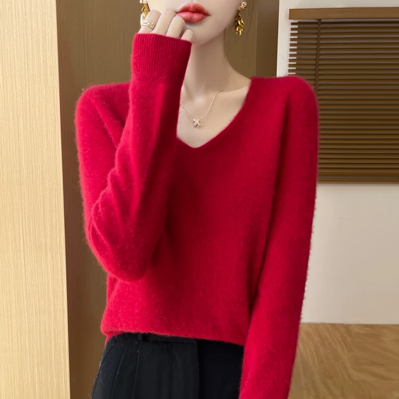 DjzDsm 100% Merino Wool New V-Neck Sweater Women Loose Solid Color Pullover Base With Warm Autumn And Winter Top