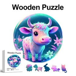 Cow Wooden Puzzle for Jigsaw lover, Uniquely Irregular Animal Shape Puzzles Wooden Toys, Christmas Birthday Gift Home Decor