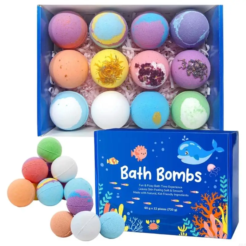 Pack of 12 Colorful Bath Ball for Kids with Natural Sea Salt Fun Fizzy Bubble Bath Play Toy Gift Set for Toddler A2UB