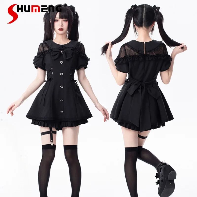 New Japanese Rojita Style Girl Mine Mass-Produced Suit Cute Short Sleeves Black Color Blouse And Shorts Two Pieces Set Outfits