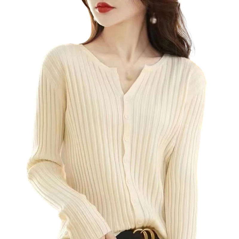 Women\'s Round Neck Pit Stripe Knit Long Sleeve Cardigan Slim Single Breasted Sweater Jacket Knit Bottom Shirt