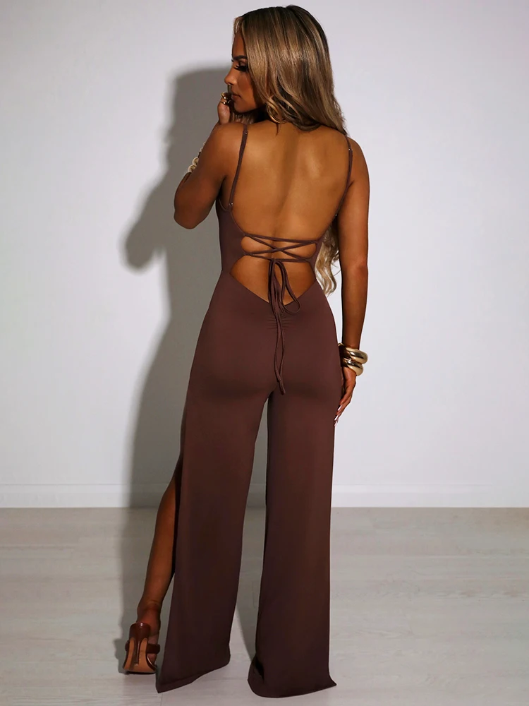 Articat Sexy Backless High Slit Bandage Women Jumpsuits White Spaghetti Strap Elegant Jumpsuit Female Summer Slim Party Clubwear