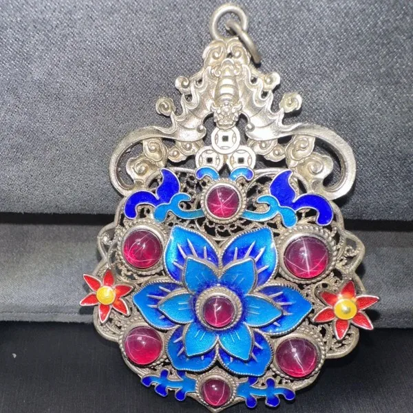 Antique Collection Silk Baked Cloisonne with Red Starlight Gemstone Handmade with Starlight Gemstone Pendant