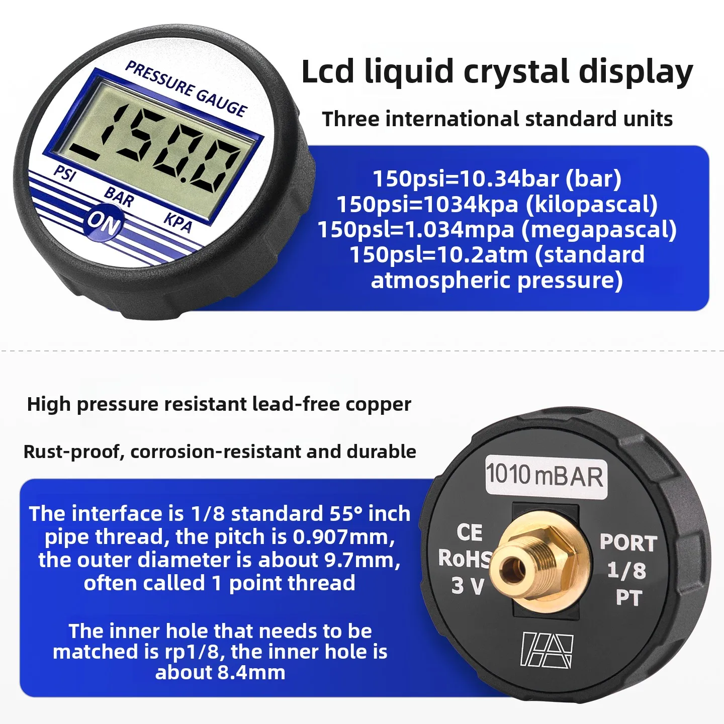 Digital Pressure Gauge Smart High Precision Display Vacuum Negative Pressure High Temp Shockproof