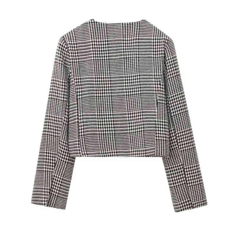 TRAF Houndstooth Korte Blazers Voor Vrouwen Herfst Mode Zakdecoratie Eenvoudige Knop Korte Lange Mouwen Jas Vrouwelijke Blazers