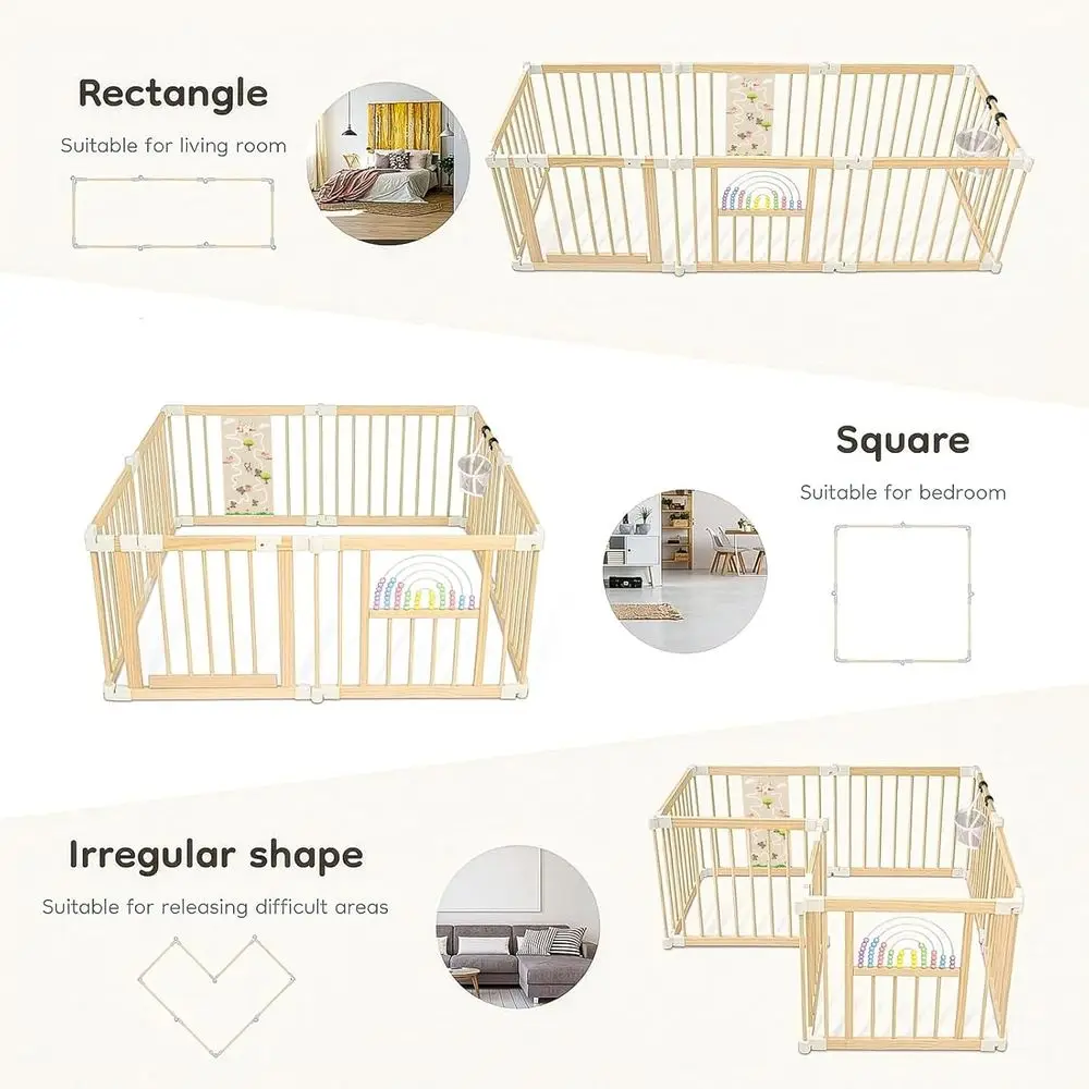روضة أطفال خشبية محمولة قابلة للطي للأطفال، منطقة لعب قابلة للتعديل مع بوابة، مناسبة للاستخدام الداخلي (56 × 56 × 24 بوصة) #5
