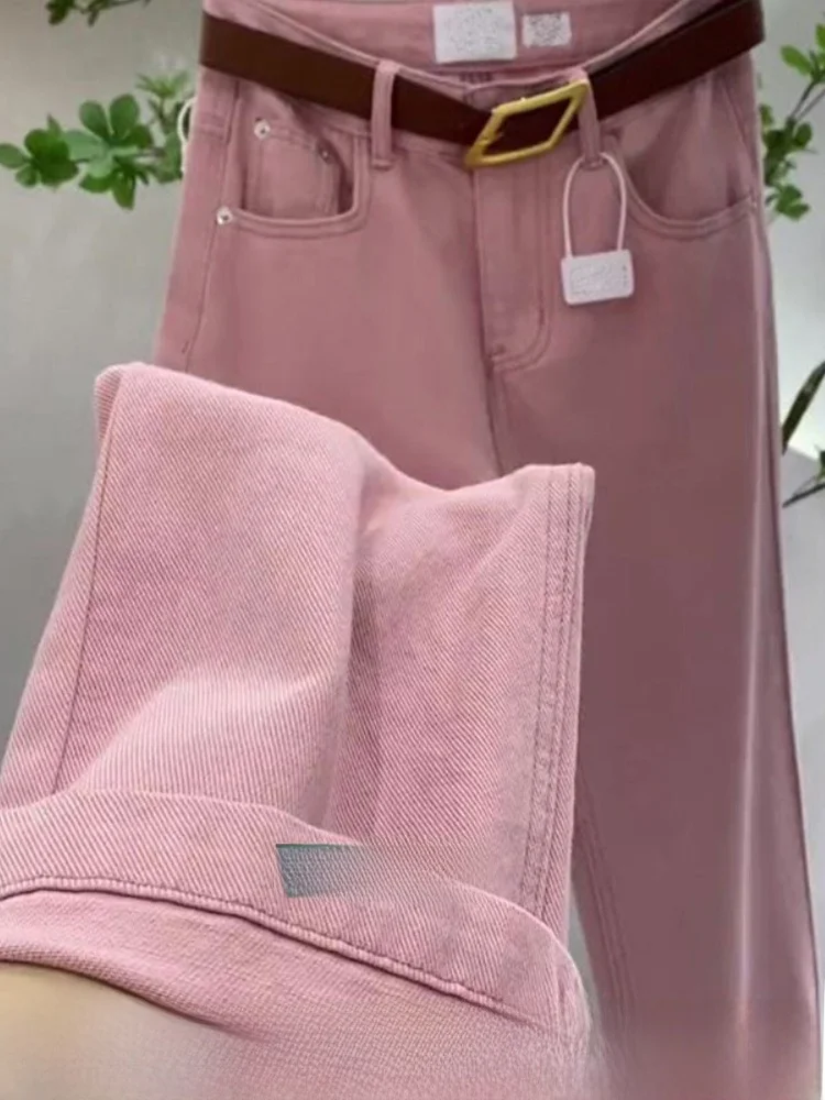 

Широкие прямые джинсы с высокой талией, женские розовые весенне-осенние широкие брюки с высокой талией, женские прямые джинсовые джинсы-трубы