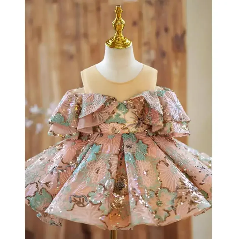 High-End Children's Sequined Evening Gown Puff Sleeve Design Kids Wedding Birthday Baptism Eid Party Girls Dresses A3606