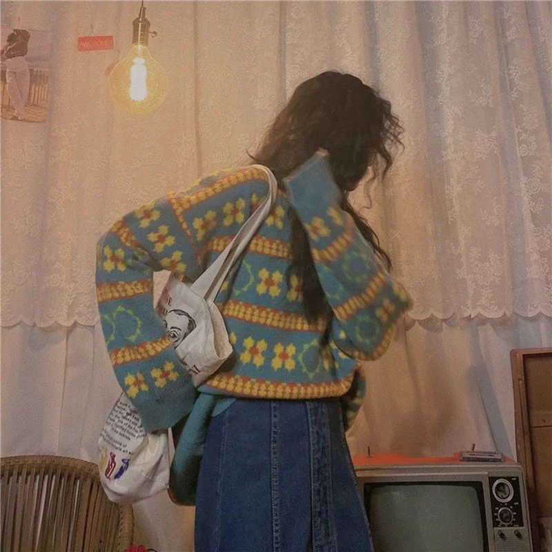 Autumn Winter Thick Loose Long Sleeve Round Neck Harajuku Street Style Sweaters Retro Striped Women Sweater Pullover Tops Female