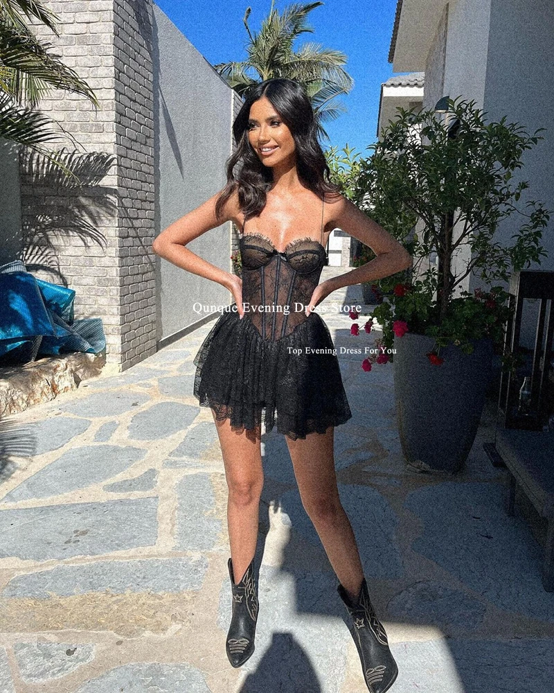 Qunque Sexy Spaghetti Straps Black Prom Dresses Short Sweetheart Cocktail Dress Lace Mini Evening Dresses for Women Customized