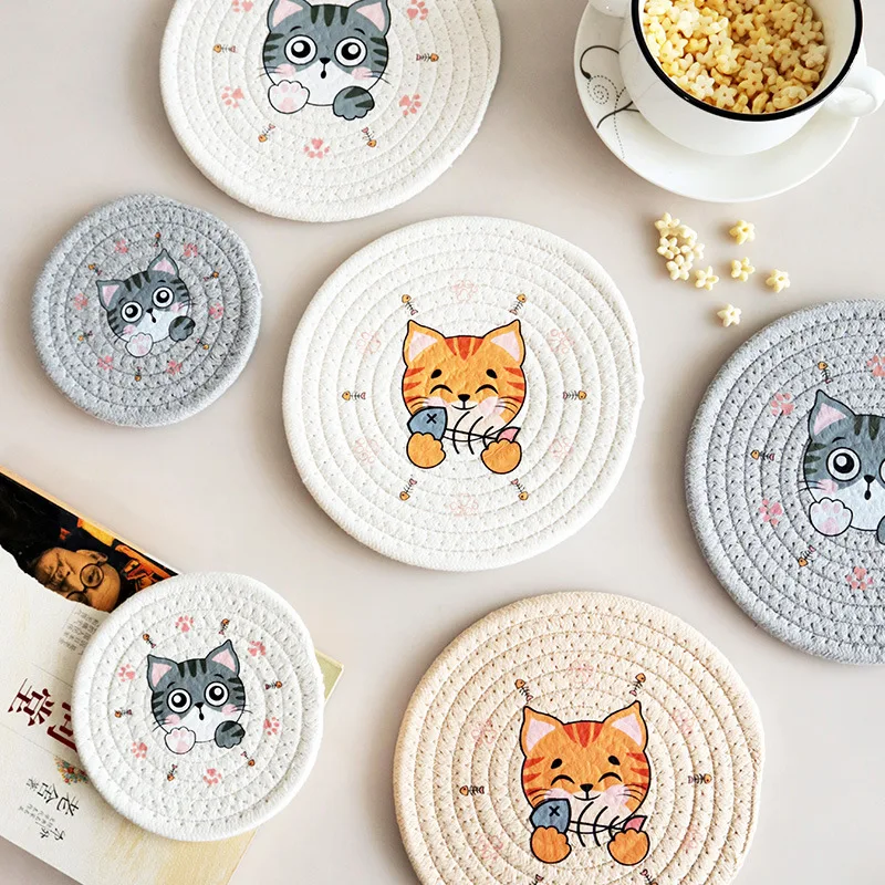 

Round Cotton Rope Coasters Printing Cat Heat Insulation Mats Home Beautiful Desktop Anti-scald Non-slip Mat Kitchen Supplies