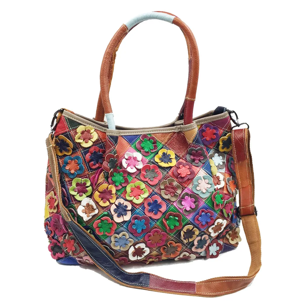 Oversized Female Genuine Leather Multicolor Flowers Handbag 2024 Large Size Casual Weekender Overnight Laptop Work Shoulder Bag