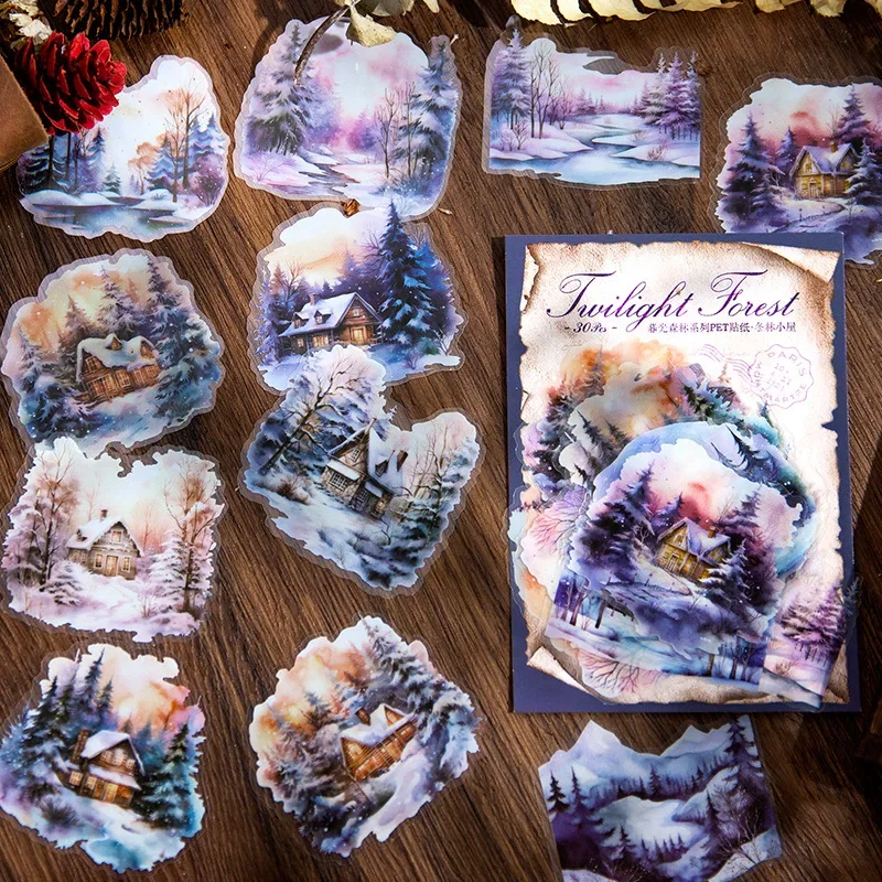 30pcs/bag Transparent Stickers Bag Twilight Forest Series Art Landscape Scrapbook Junk Journal Diary Decorative Collages