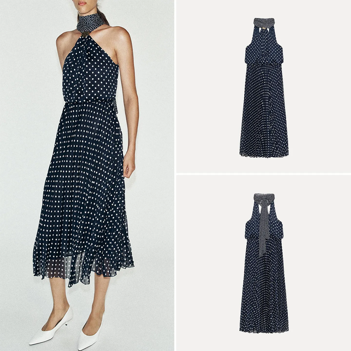 Fashionable Polka Dot Midi Long Dress Neck Hanging Design Women's Dress Casual Style Autumn Collection Zadata Brand Gown